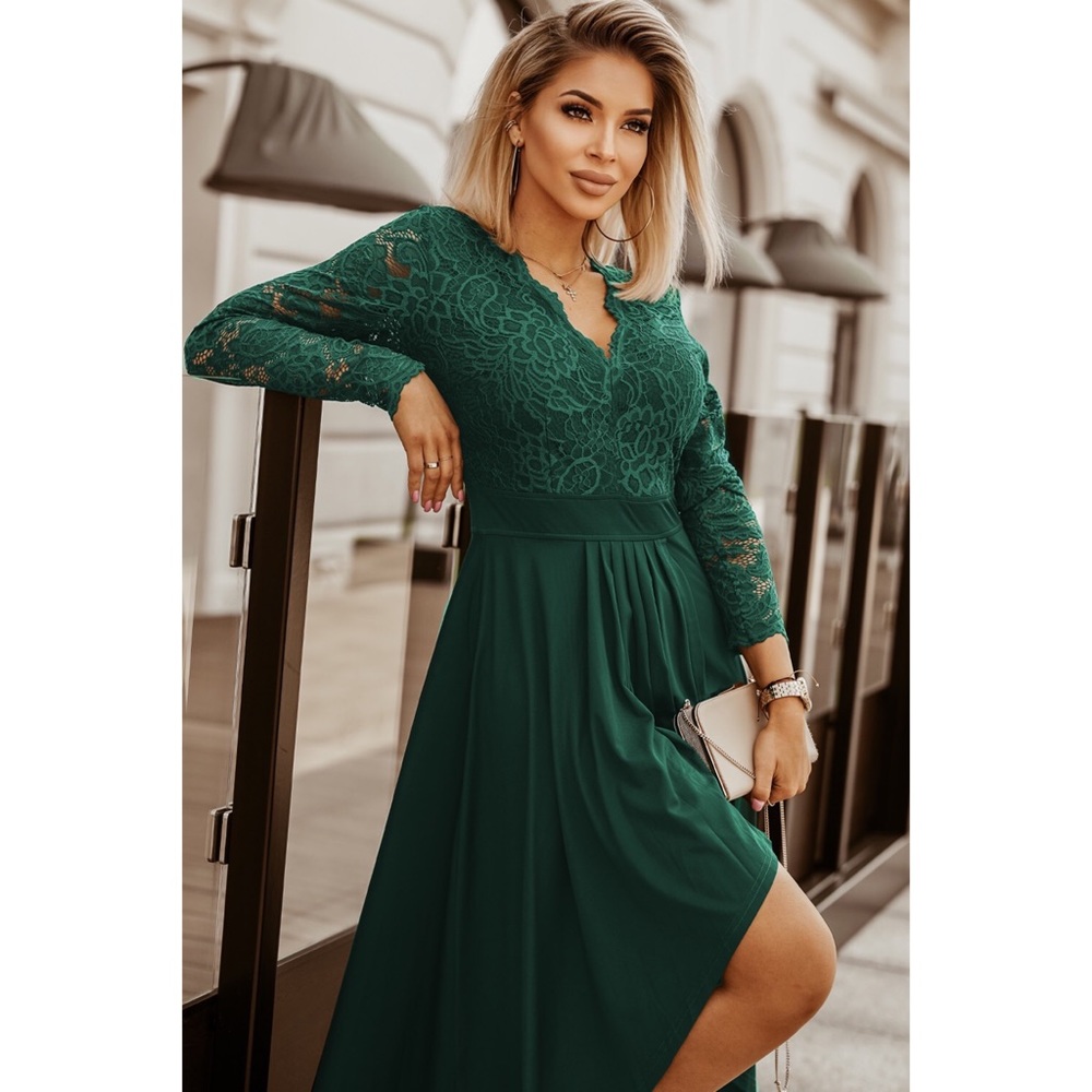 Green V-neck Long Sleeve Lace Backless High
and Low Hem Evening Dress - Picture 5 of 8